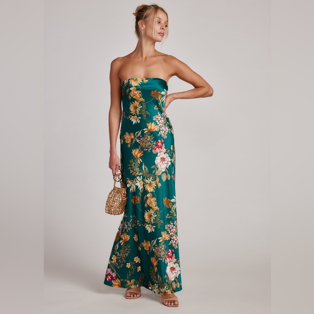 12th Tribe Natalia Emerald Floral Strapless Maxi Dress - Size S
